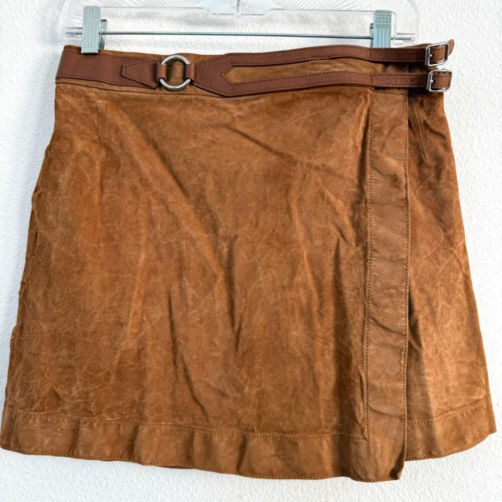 DEREK LAM 10 CROSBY Brown Suede Wrap Mini Skirt Luxe Designer Modern‎ Chic